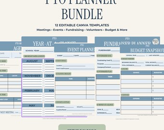 Bundel met planners voor ouderverenigingen | 12 bewerkbare Canva-sjablonen voor vergaderingen, evenementen, vrijwilligers en budgetbeheer
