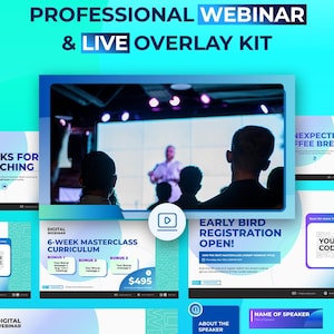 Pode incluir: Um kit de sobreposição para webinars e transmissões ao vivo com um esquema de cores azul e branco. O layout inclui modelos para currículo de masterclass, informações do palestrante, chamadas para registro e telas de início.