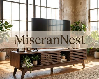Walnut TV Stand for 65 Inch TV, Mid Century Modern Fluted Media Console with Sliding Doors, Entertainment Center with Cable Management