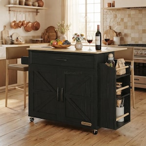 May include: A black kitchen island on wheels with a light wood countertop, a single drawer, two cabinet doors with X-shaped detailing, and a side storage rack with three shelves. The brand name MiseranNest is visible on the front panel.