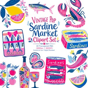 Puede incluir: Un conjunto de imágenes digitales titulado Vintage Pop Sardine Market con ilustraciones coloridas de sardinas, una langosta, ostras, tomates, una botella, una copa y rodajas de cítricos en tonos rosa, azul y amarillo sobre fondo blanco.
