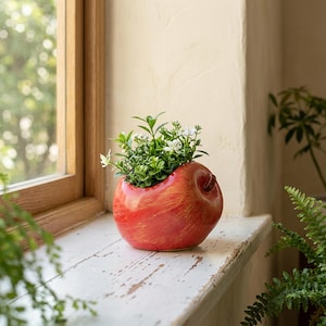 Pode incluir: Um vaso de cerâmica vermelho brilhante em forma de maçã, apresentando uma forma lisa e arredondada com um pequeno detalhe de caule castanho no topo. O vaso está preenchido com um arranjo exuberante de pequenas folhas verdes e flores brancas.
