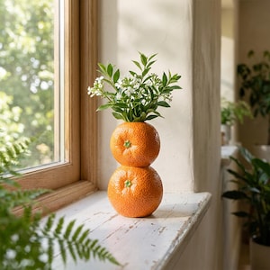 Pode incluir: Um vaso de cerâmica em forma de duas laranjas empilhadas com uma superfície texturizada de cor laranja brilhante e pequenos detalhes de talos verdes. O vaso contém um buquê de talos verdes com pequenas flores brancas, criando um visual natural.