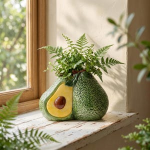 Puede incluir: Una maceta de cerámica con forma de aguacate cortado por la mitad, con piel texturizada de color verde oscuro, una sección de pulpa amarilla lisa y un hueso marrón. La maceta contiene un pequeño helecho verde con frondas delicadas.