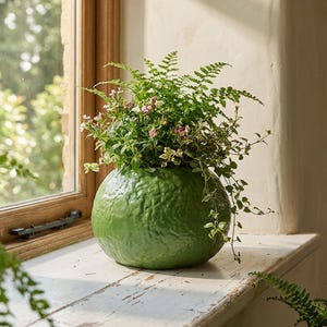 Op de afbeelding: Een ronde, getextureerde groene keramische plantenpot met een weelderig arrangement van groene varens en kleine roze bloemen. De pot heeft een glanzende afwerking met een onregelmatige, organische oppervlaktestructuur.