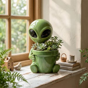 Puede incluir: Una maceta de cerámica de color verde claro brillante con forma de figura alienígena con grandes ojos ovalados negros. El alienígena sostiene una maceta verde a juego llena de varias plantas suculentas pequeñas. El acabado es liso y brillante.