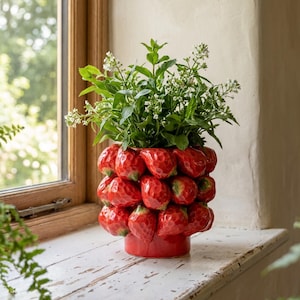 May include: A cylindrical ceramic vase featuring a textured, three-dimensional strawberry pattern in glossy red and green. The vase is filled with a lush arrangement of green leafy stems and small white flowers, creating a vibrant botanical display.