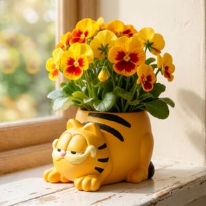 Op de afbeelding: Een gele keramische plantenbak in de vorm van een cartoonkat met zwarte strepen, gevuld met een bos felgele en rode viooltjes. Het kattenfiguur heeft een brede, grijnzende uitdrukking met een klein roze neusje en staat rechtop.