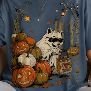 Peut inclure: Un t-shirt bleu ardoise avec une illustration de raton laveur portant un costume de fantôme blanc et des lunettes de soleil noires. Le raton laveur tient un sac jaune marqué "TRICK OR TREAT" parmi des citrouilles orange et blanches.
