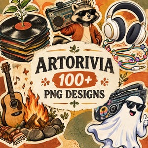 Peut inclure: Une collection d'autocollants représentant un raton laveur avec un ghetto-blaster, un casque blanc avec un cordon arc-en-ciel, une pile de disques vinyles avec une plante, une guitare acoustique, un feu de camp et un fantôme avec des lunettes de soleil.