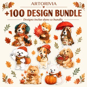 Peut inclure: Un ensemble graphique numérique intitulé ARTORIVIA +100 DESIGN BUNDLE présentant huit illustrations de chiots style aquarelle dans des décors d'automne. Les chiens sont représentés avec des citrouilles, des feuilles d'érable, des glands et des écharpes.