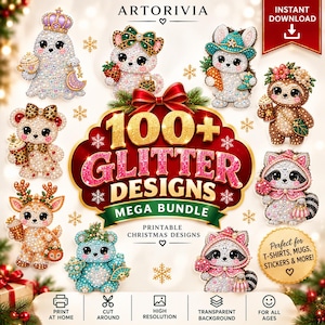 Peut inclure: Une collection numérique de plus de 100 motifs scintillants représentant divers animaux de dessin animé comme des ours, des ratons laveurs et des cerfs ornés de gemmes. Le texte central indique 100+ GLITTER DESIGNS MEGA BUNDLE.