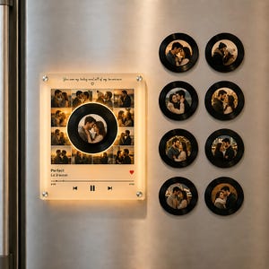 May include: A rectangular acrylic plaque featuring a collage of couple photos, a central vinyl record graphic, and text reading "You are my today and all of my tomorrows", "Perfect", "Ed Sheeran", along with eight circular photo magnets.