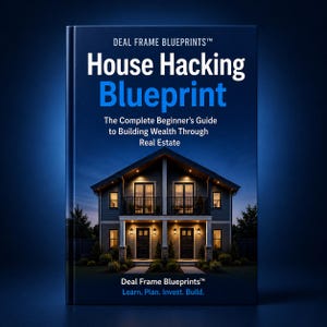 May include: A dark blue hardcover book titled Deal Frame Blueprints House Hacking Blueprint The Complete Beginner's Guide to Building Wealth Through Real Estate. The cover features a two-story house at dusk with lit windows and the text Learn. Plan. Invest. Build.