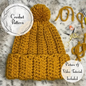 Patrón de gorro de ganchillo de punto grueso con pompón / Tallas para bebés y adultos