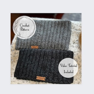 May include: Two gray and black crocheted neck warmers with a brown leather tag that says "Handmade by Delicious". The image includes the text "Crochet Pattern" and "Video Tutorial Included".