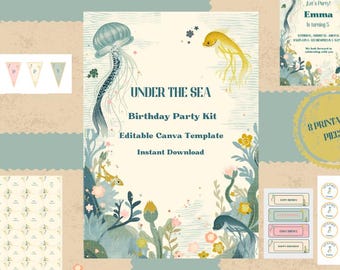 Under the Sea Birthday Party Kit | Editable Canva Template | 8-Piece Printable Decor Set | Instant Download