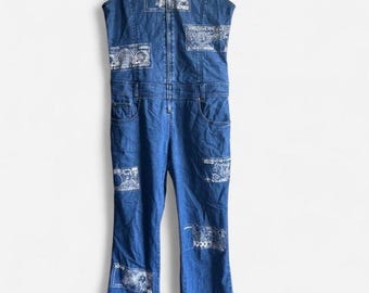 Vintage Y2K Bobo Jeans denim overall, blauwe jumpsuit met rits, zakken, maat XL, geborduurde klep