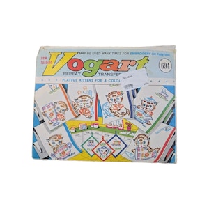 May include: A rectangular Vogart repeat transfer packet featuring the text New Fashion Vogart Repeat Transfers Playful Kittens for a Colourful Kitchen 694. The cover displays multiple illustrations of kittens interacting with kitchenware items.