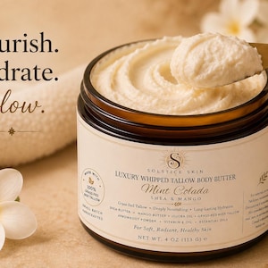 May include: A jar of Solstice Skin Luxury Whipped Tallow Body Butter in Mint Colada scent, containing shea and mango butter. The label lists ingredients including jojoba oil and vitamin E oil. The jar holds 113 g of white, creamy body butter.