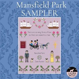 May include: A cross-stitch sampler on a light purple background featuring two ships, a floral heart, a horse-drawn carriage, a book titled Lover's Vows, a cross, two figures, two pugs, and trees. Text reads Mansfield Park, 1814, and Jane Austen.