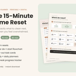 May include: A digital cleaning planner titled The 15-Minute Home Reset, featuring a flowchart page with energy levels and room selection buttons, alongside a kitchen checklist page. The text includes 11 room resets, 18 cut-out task cards, and trackers.