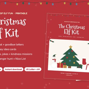 May include: A printable Christmas Elf Kit featuring 28 pages of arrival and goodbye letters, 25 idea cards, notes, jokes, kindness missions, a scavenger hunt, and a Nice List. The red cover displays a graphic of a tree, snowman, and gifts.