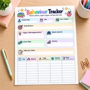May include: A printed behavior tracker sheet with a colorful header reading "Behaviour Tracker" and subtext "Monitor patterns, support progress, and keep clear notes." The form includes sections for student name, date, class, target behavior, triggers, observations, actions, outcomes, and a grid for tracking.