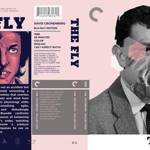 May include: A Blu-ray edition of The Fly, directed by David Cronenberg. The cover features a pink background with a black and white portrait of a man, partially obscured by hexagonal overlays. Text includes film details and a plot summary.