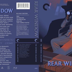 Puede incluir: Una carátula de Blu-ray para la película Rear Window, con una ilustración azul y naranja de una persona en silla de ruedas mirando a través de binoculares. La carátula incluye el título, una sinopsis, especificaciones y un código de barras.