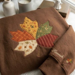 Retro Patchwork Fall Leaf Embroidered Sweatshirt, Cozy Autumn Pumpkin Crewneck, Cute Spooky Season Sweater, Fall Gift for Her