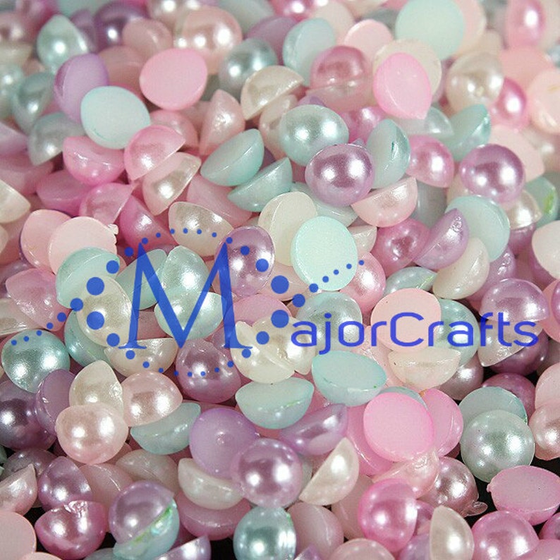 100pcs 11mm Pastel Mixed Colours Flat Back Half Round Resin Pearls Craft Gems