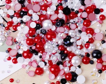 MajorCrafts 50g Mixed Red White 3mm-10mm Flat Back Resin Rhinestones & Pearls MX11