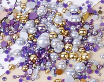 MajorCrafts 50g Mixed Gold Purple 3mm-10mm Flat Back Resin Rhinestones & Pearls MX16