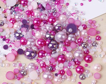 MajorCrafts 50g Mixed Dark Pink Purple 3mm-10mm Flat Back Resin Rhinestones & Pearls MX15