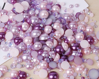 MajorCrafts 50g Mixed Purple 3mm-10mm Flat Back Resin Rhinestones & Pearls MX29