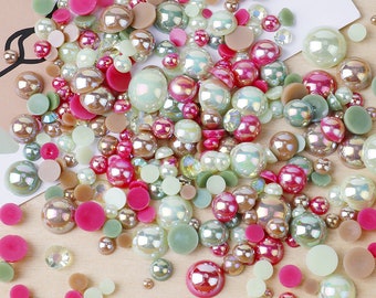 MajorCrafts 50g Mixed Brown Green 3mm-10mm Flat Back Resin Rhinestones & Pearls MX22