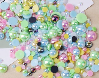 MajorCrafts 50g Mixed Green Blue 3mm-10mm Flat Back Resin Rhinestones & Pearls MX13