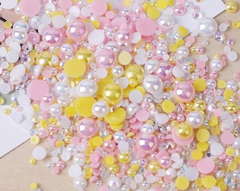 MajorCrafts 50g Mixed Yellow Pink 3mm-10mm Flat Back Resin Rhinestones & Pearls MX12