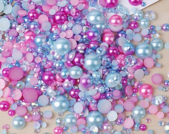 MajorCrafts 50g Mixed Blue Pink 3mm-10mm Flat Back Resin Rhinestones & Pearls MX26