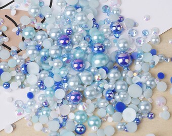 MajorCrafts 50g Mixed Blue 3mm-10mm Flat Back Resin Rhinestones & Pearls MX28