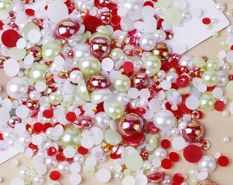 MajorCrafts 50g Mixed Red Green 3mm-10mm Flat Back Resin Rhinestones & Pearls MX21