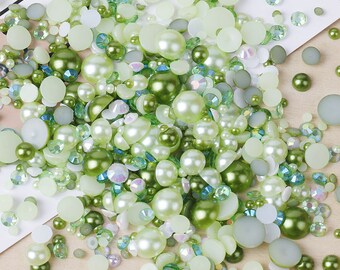 MajorCrafts 50g Mixed Green 3mm-10mm Flat Back Resin Rhinestones & Pearls MX25