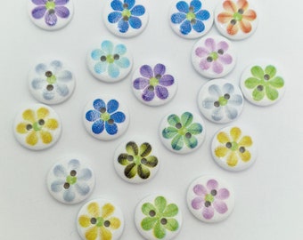 MajorCrafts 48pcs 15mm Mixed Colours Flower Pattern 2 Holes Round Wood Sewing Buttons