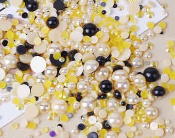 MajorCrafts 50g Mixed Champagne Black 3mm-10mm Flat Back Resin Rhinestones & Pearls MX17