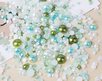 MajorCrafts 50g Mixed White Green 3mm-10mm Flat Back Resin Rhinestones & Pearls MX20