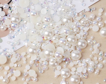 MajorCrafts 50g Mixed Ivory White 3mm-10mm Flat Back Resin Rhinestones & Pearls MX14