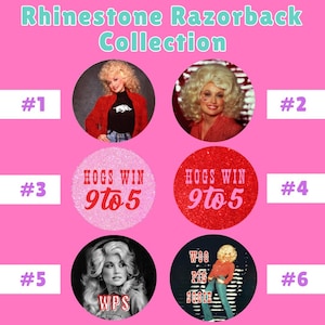 May include: A collection of six circular designs labeled #1 through #6 on a pink background. The text reads Rhinestone Razorback Collection. The designs feature images of a blonde woman, red glitter textures, and text including HOGS WIN 9 to 5 and WPS.