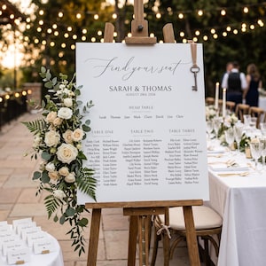 Pode incluir: Um quadro branco de distribuição de assentos de casamento num cavalete de madeira, com o texto Find your seat, Sarah & Thomas, August 28th 2026 e nomes de convidados. Um arranjo floral de rosas brancas e eucalipto verde decora o lado esquerdo.