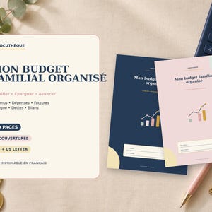 Peut inclure: Un modèle de planificateur de budget familial numérique intitulé Mon Budget Familial Organisé, comprenant 60 pages, deux designs de couverture et des formats A4 ou US Letter. Il inclut des sections pour les revenus, dépenses et dettes.